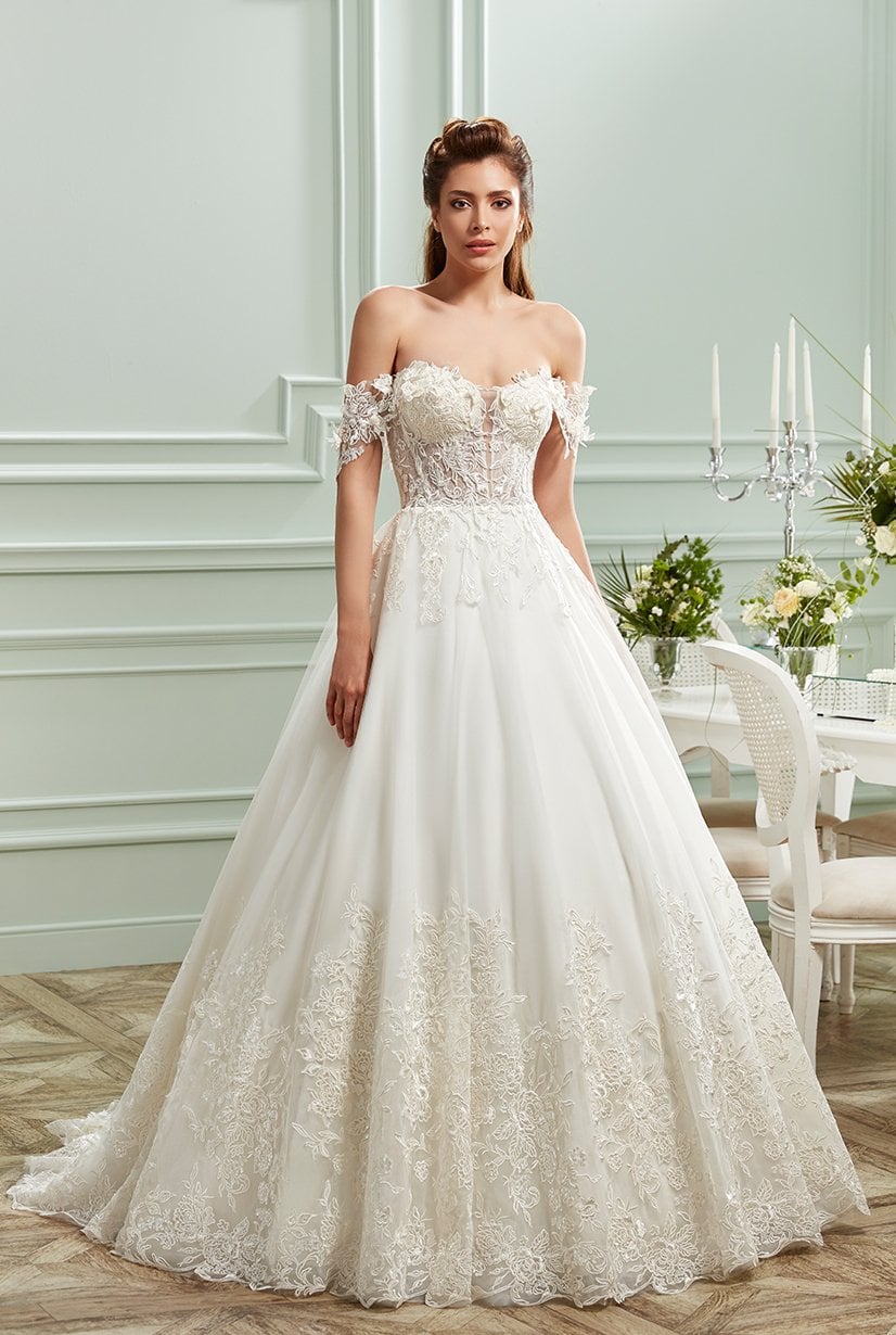Escote princesa, encaje de cordón, vestido de novia de línea A transparente