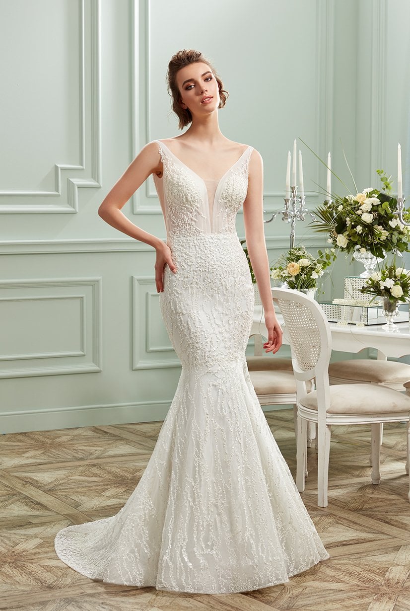 Escote en V, encaje de cuerpo completo, vestido de novia de sirena transparente