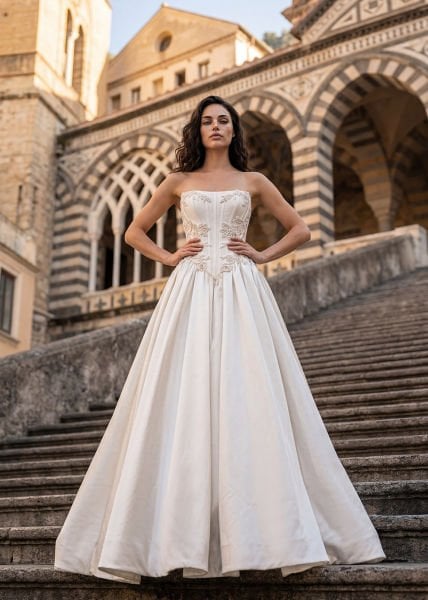 Swarovski İşlemeli, İngiliz Korseli, Balinli, Büzgü Detaylı, Mikado Gelinlik Modeli