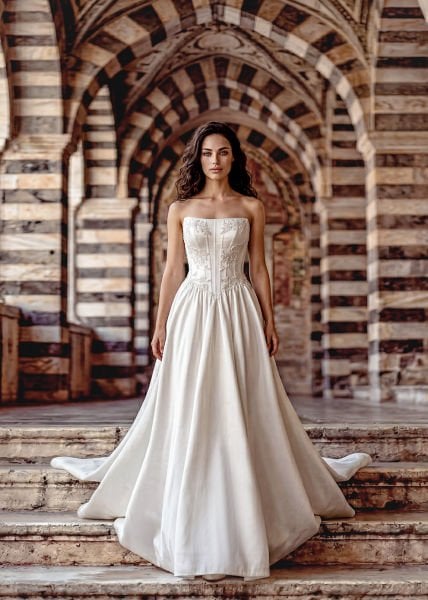 Swarovski İşlemeli, İngiliz Korseli, Balinli, Büzgü Detaylı, Mikado Gelinlik Modeli