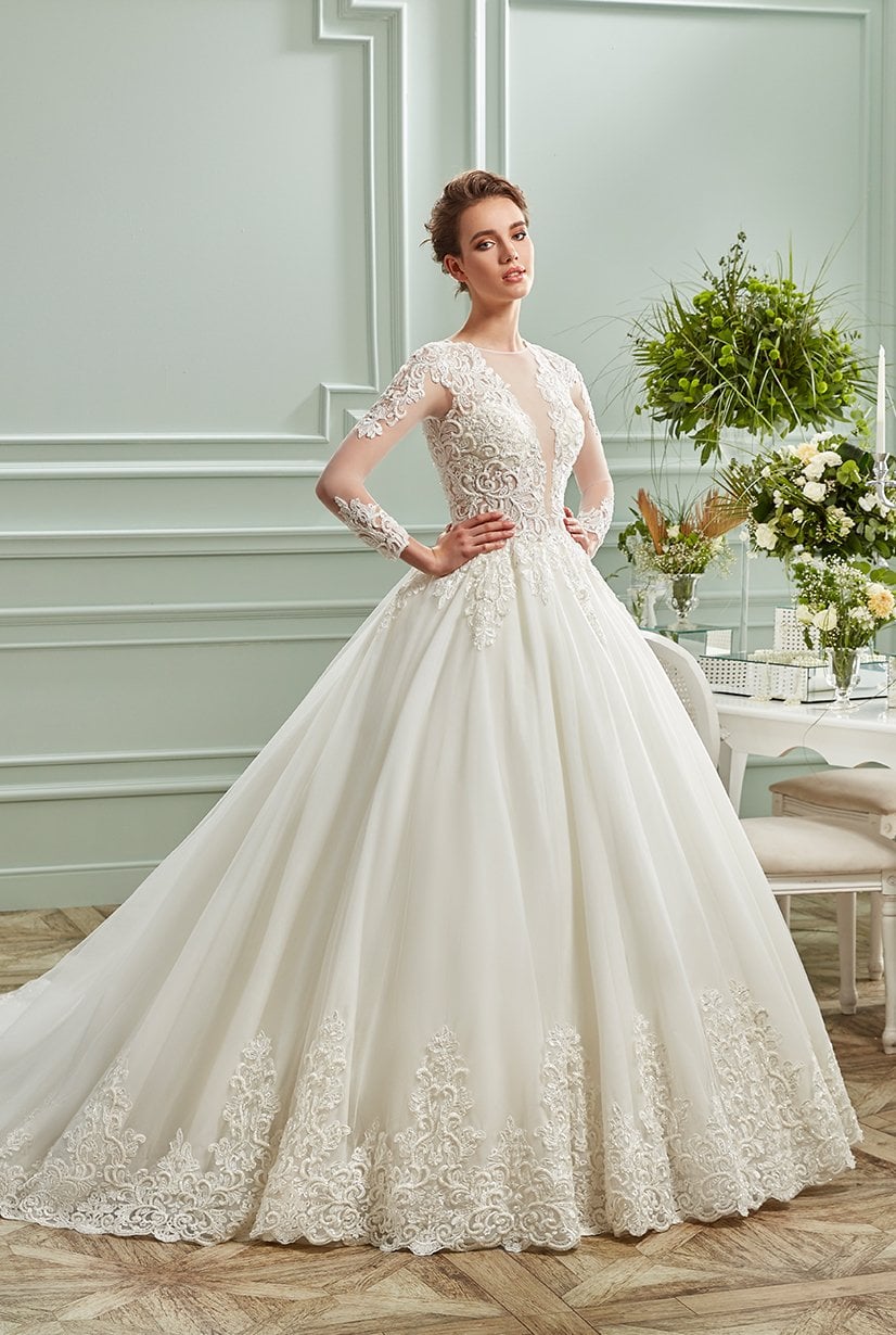 Semitransparente, manga larga, detalle de encaje, vestido de novia esponjoso