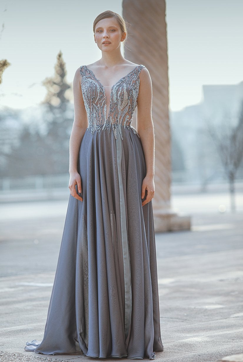 Vestido de noche formal evasé de gasa de seda con encaje bordado especial