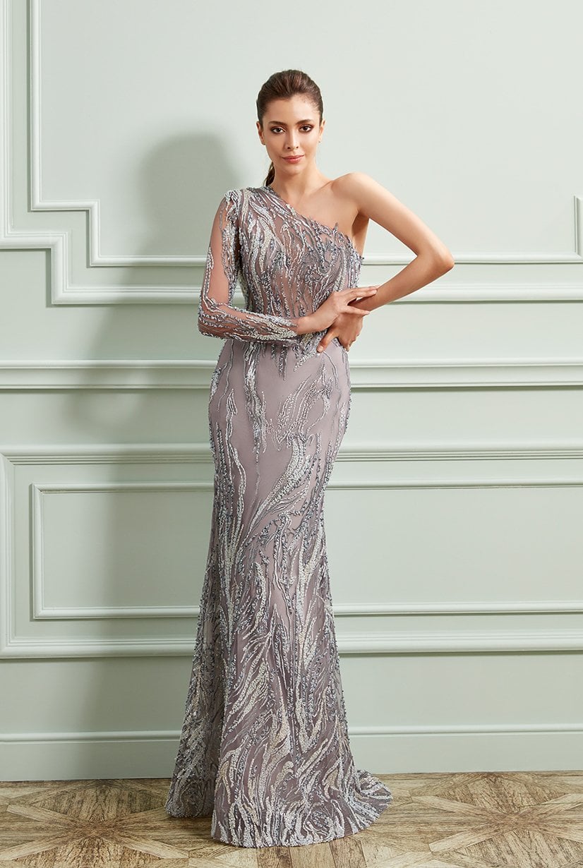 Modelo de vestido de noche de sirena de encaje sin espalda de un hombro