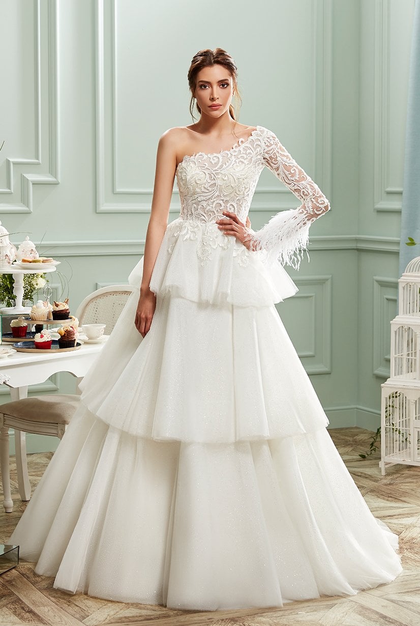 Vestido de novia transparente asimétrico de un solo hombro