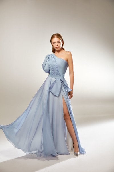 One Shoulder Balloon Sleeves Asymmetrical Collar Detailed Slit Chiffon Evening Dress Model