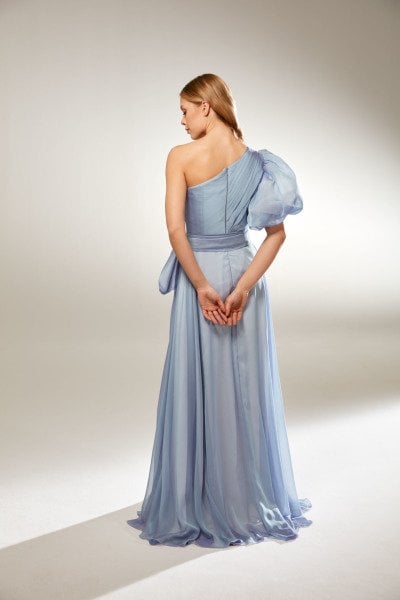 One Shoulder Balloon Sleeves Asymmetrical Collar Detailed Slit Chiffon Evening Dress Model