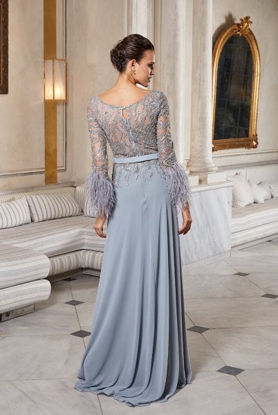 Vestido de noche de gasa gris bordado con cuerpo detallado de manga larga y plumas