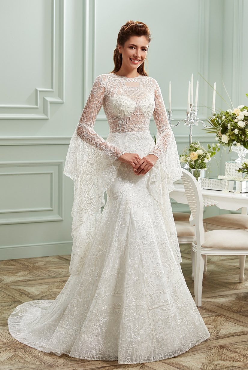 Transparente , Manga Larga Española , Modelo Vestido de Novia Pez