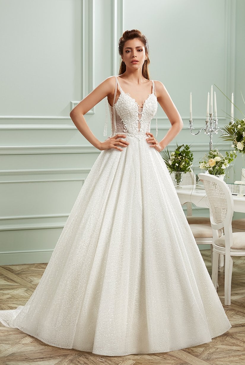 Vestido de novia de corte A, brillante, con tirantes finos