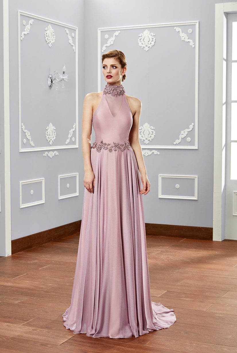 Cuello halter, encaje, cuello alto, gasa con Jan Jan, vestido de noche con falda acampanada
