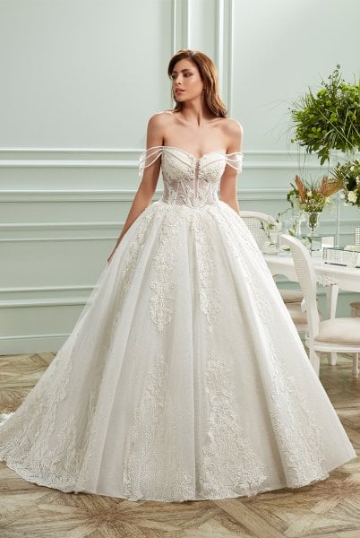 Princess Wedding Dress with Princess Collar, Semi Transparent, Glitter and Pleated Skirt, Juicy Border