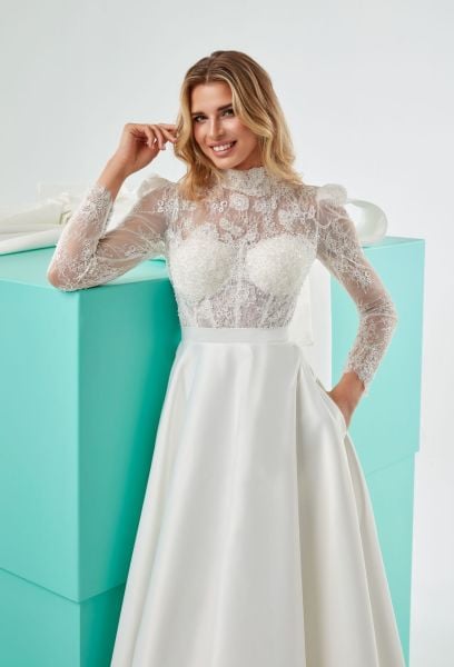 Long Sleeve, Lace, Satin Wedding Dress