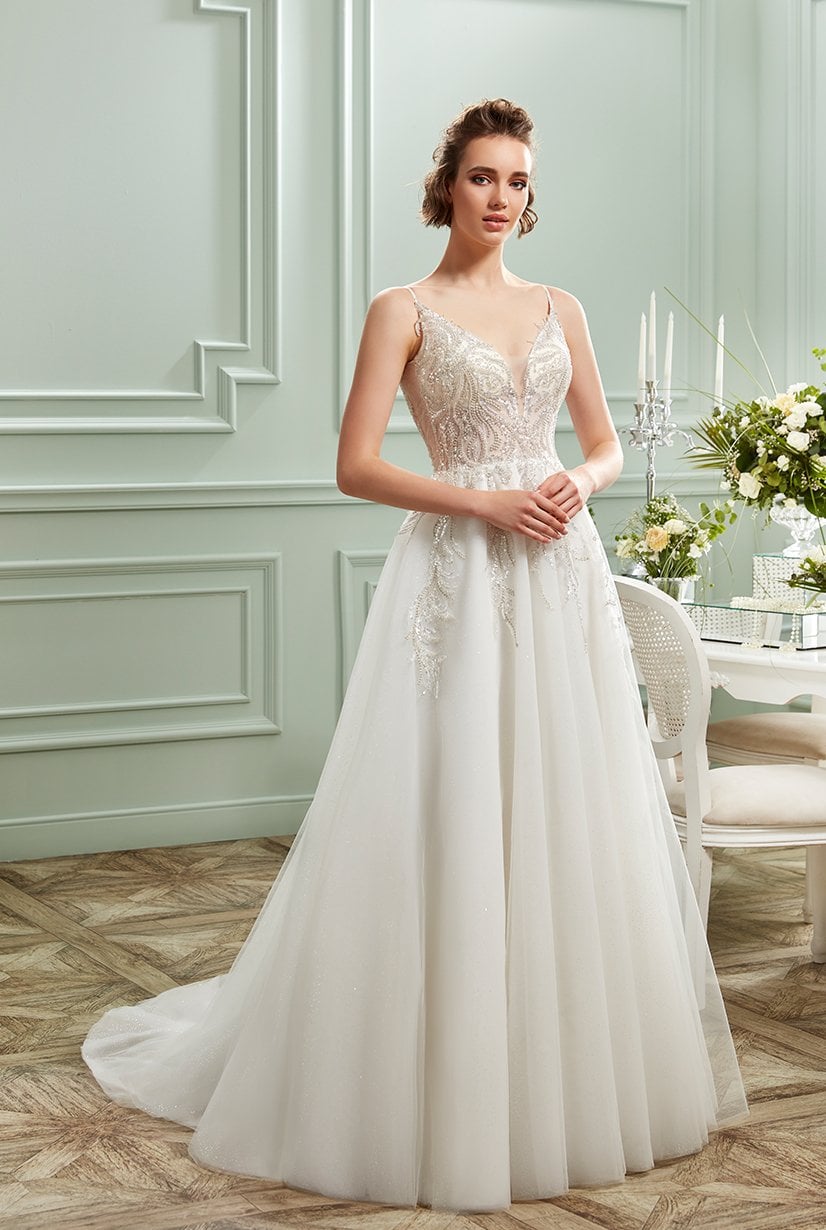 Tirantes finos, transparente, encaje bordado plateado, vestido de novia de corte Helen