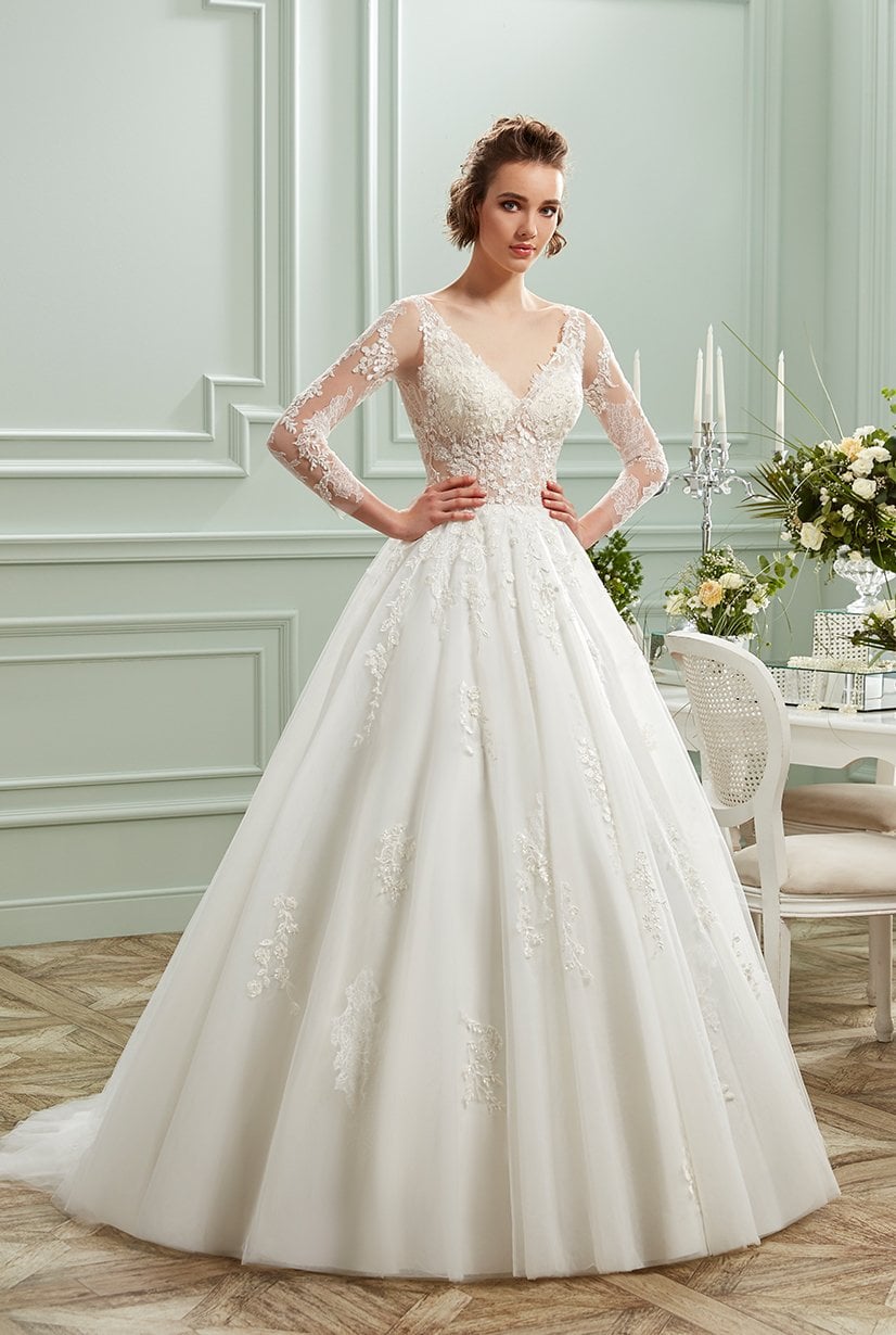 Vestido de novia evasé de encaje francés, manga larga, escote en V, semitransparente